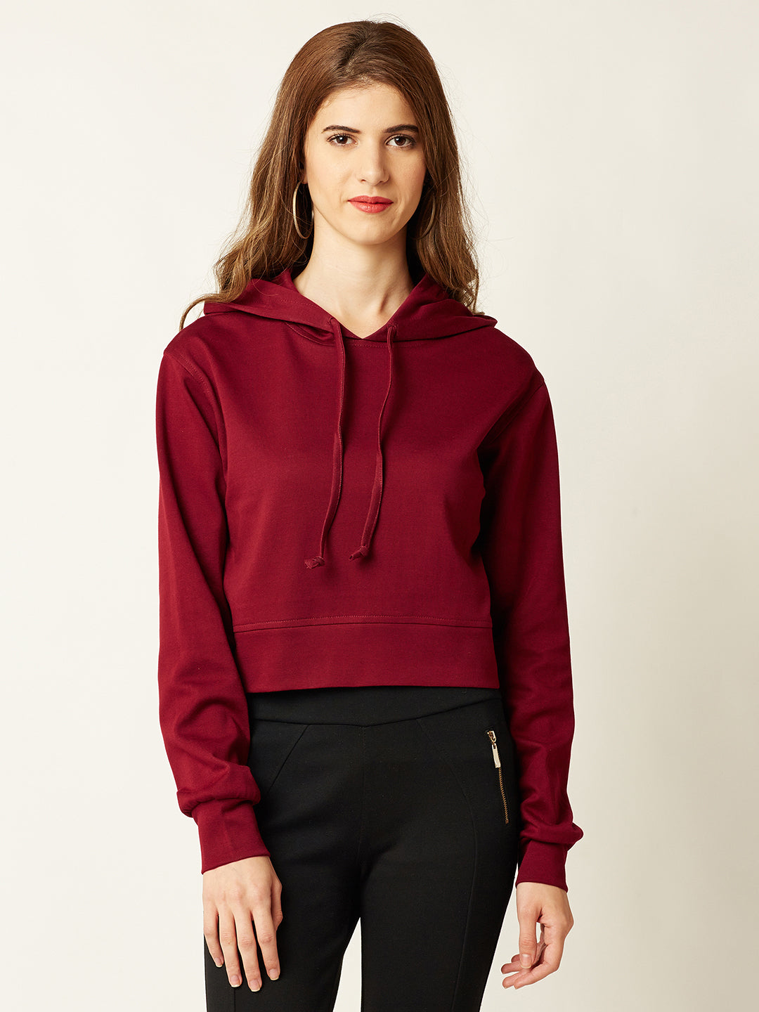 Women's Maroon Solid Round Neck Full Sleeve Hooded Boxy Crop Sweatshirt