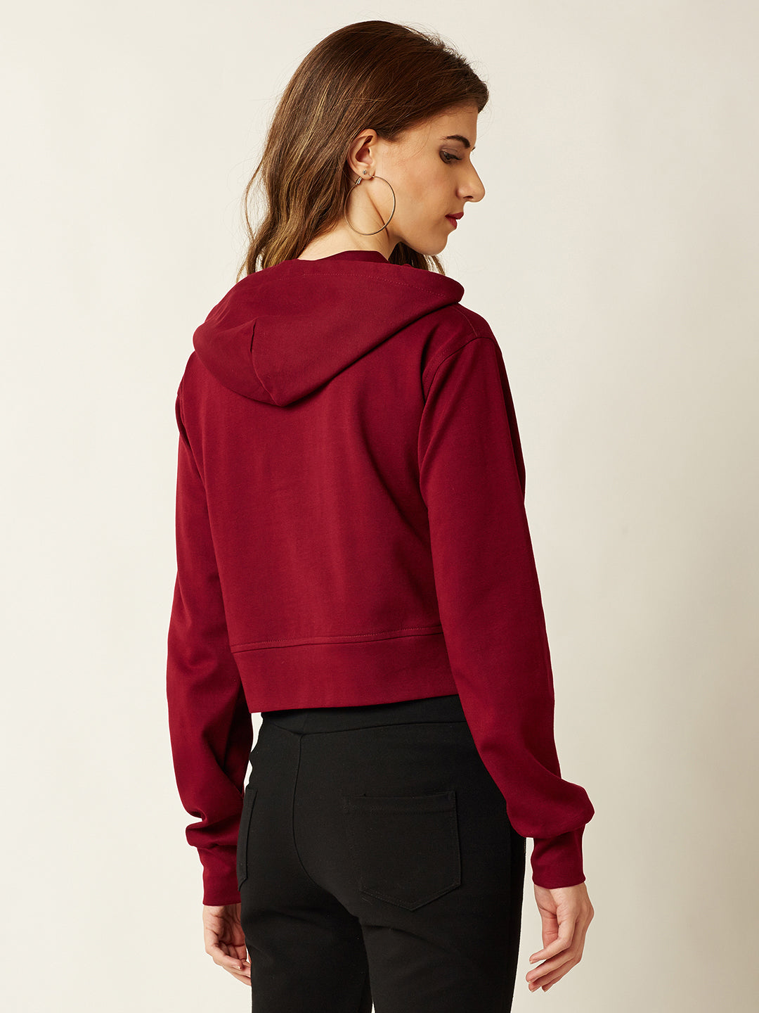 Women's Maroon Solid Round Neck Full Sleeve Hooded Boxy Crop Sweatshirt