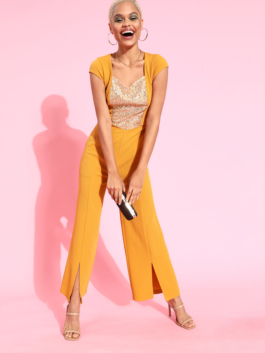 Crease Ease Women's Mustard & Golden Embellished Regular Jumpsuit