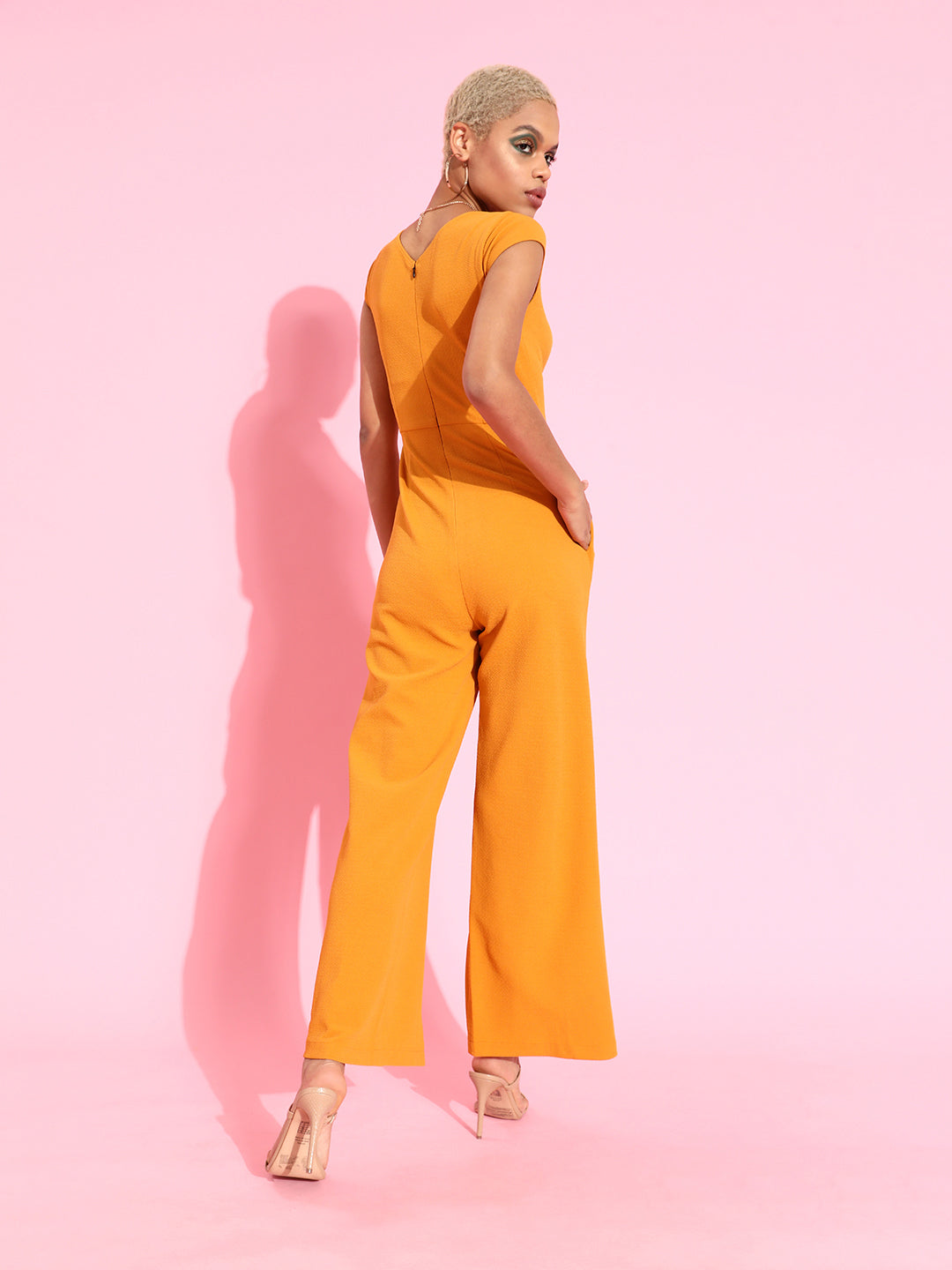 Crease Ease Women's Mustard & Golden Embellished Regular Jumpsuit