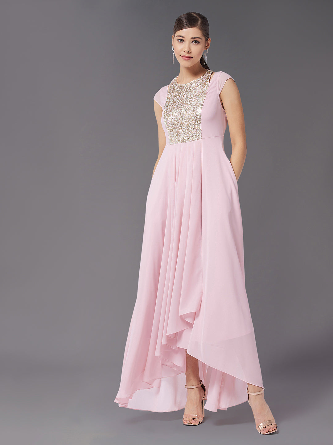 Women's Dusty Pink Round neck Cap Sleeve Solid Embellished Maxi Dress