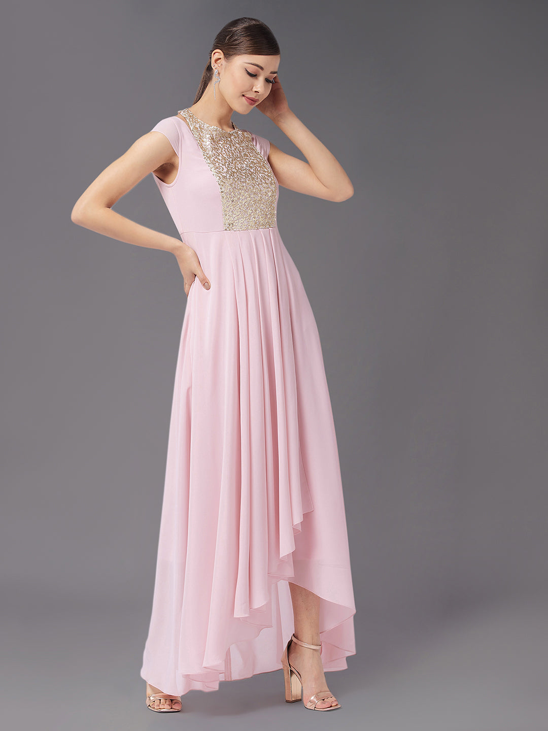 Women's Dusty Pink Round neck Cap Sleeve Solid Embellished Maxi Dress