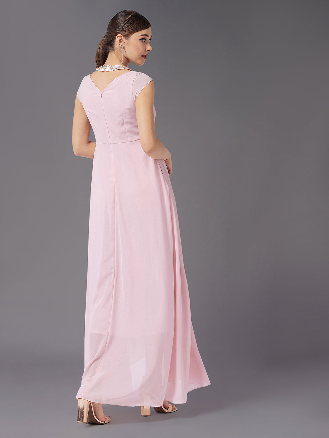 Women's Dusty Pink Round neck Cap Sleeve Solid Embellished Maxi Dress