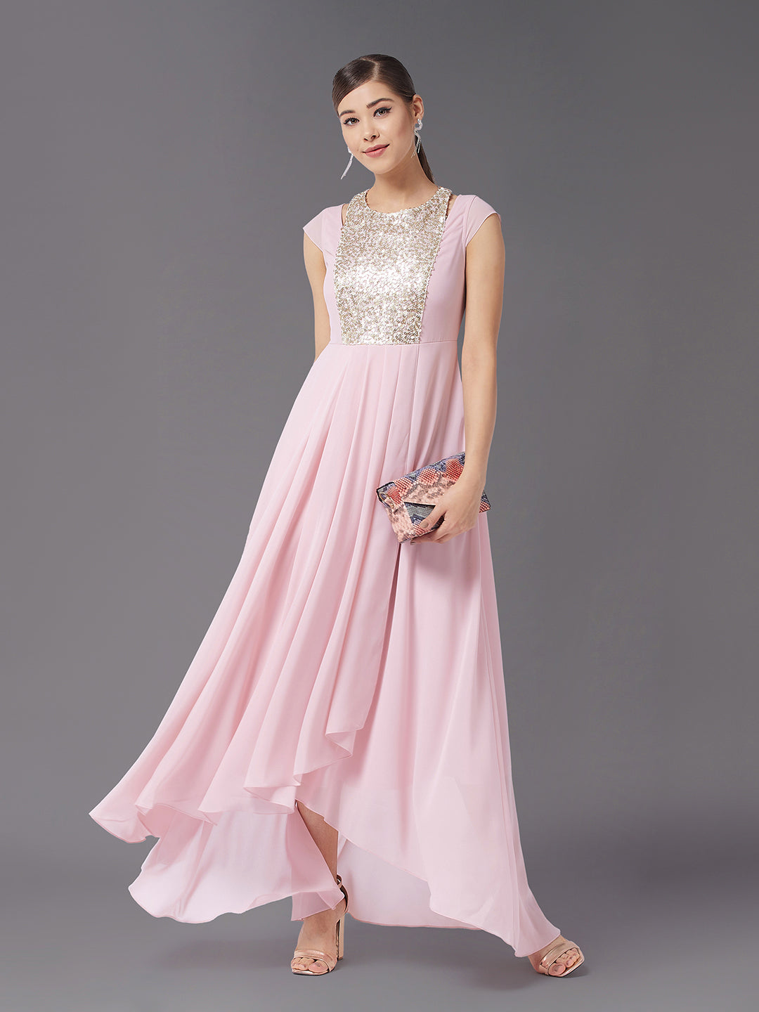 Women's Dusty Pink Round neck Cap Sleeve Solid Embellished Maxi Dress