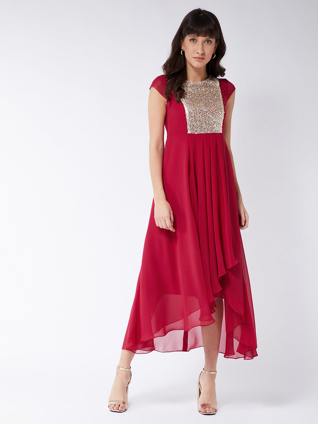 Women's Dark Pink Round neck Cap Sleeve Solid Embellished Maxi Dress