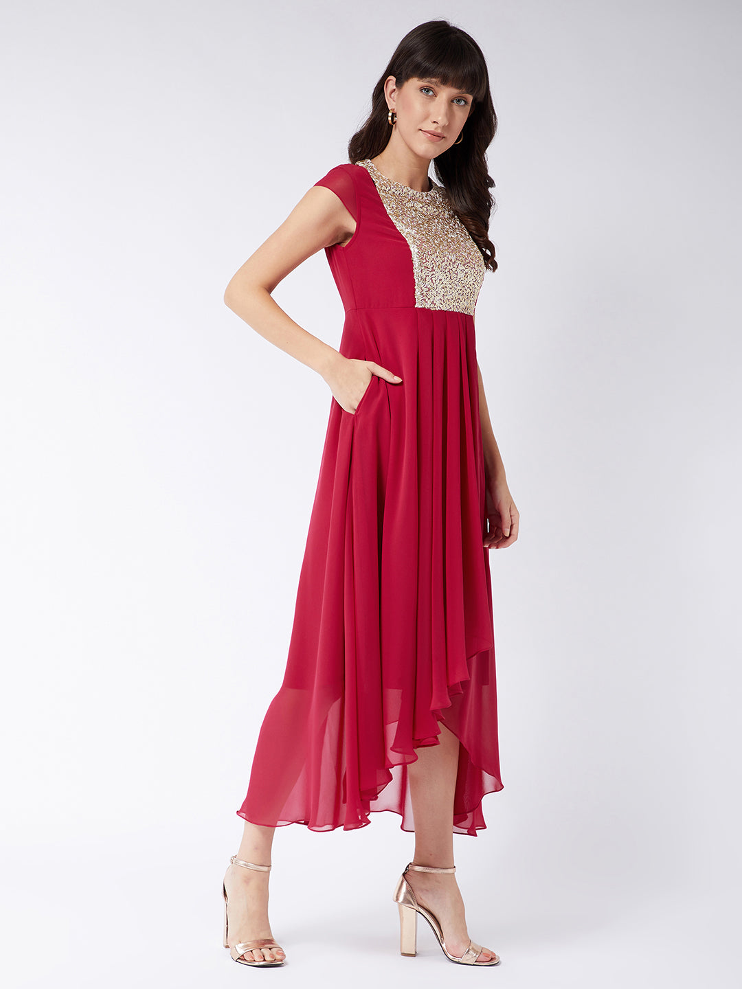 Women's Dark Pink Round neck Cap Sleeve Solid Embellished Maxi Dress