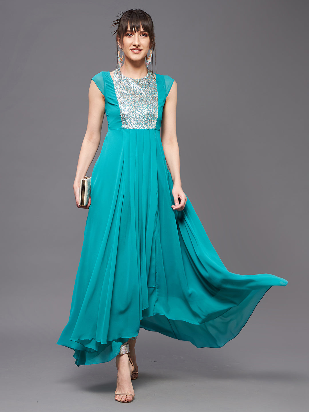 Women's Turquoise Halter Neck Cap Sleeve Sequined Pleated Party Maxi Dress