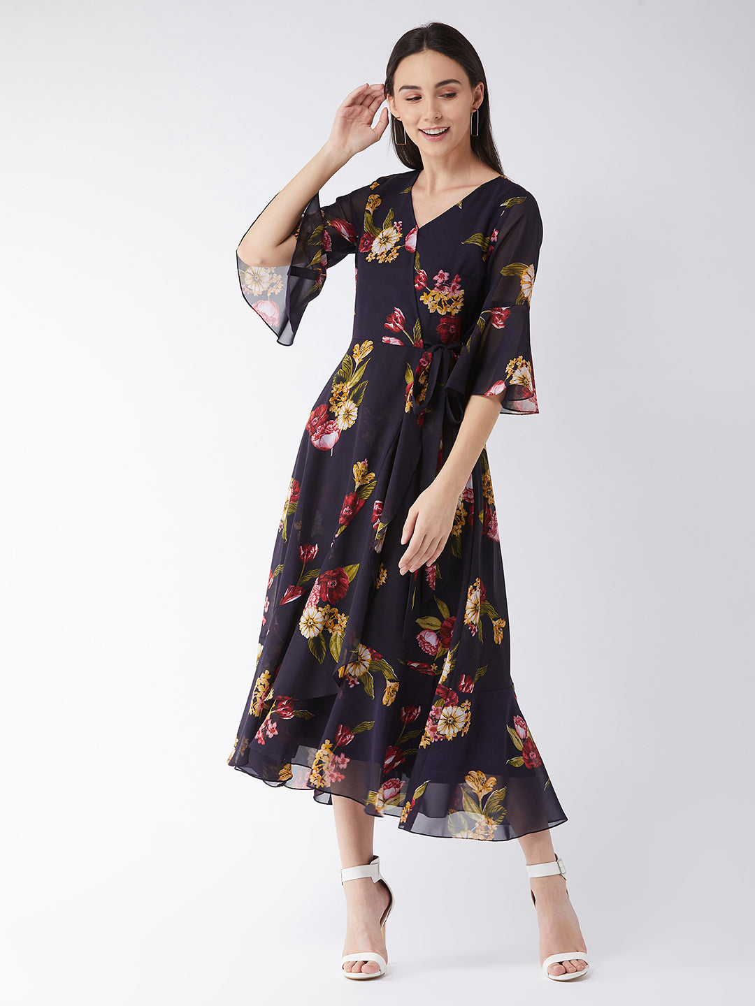 Women's Multicolored-Base-Navy Blue V Neck 3/4th Sleeve Floral Ruffled Maxi Dress