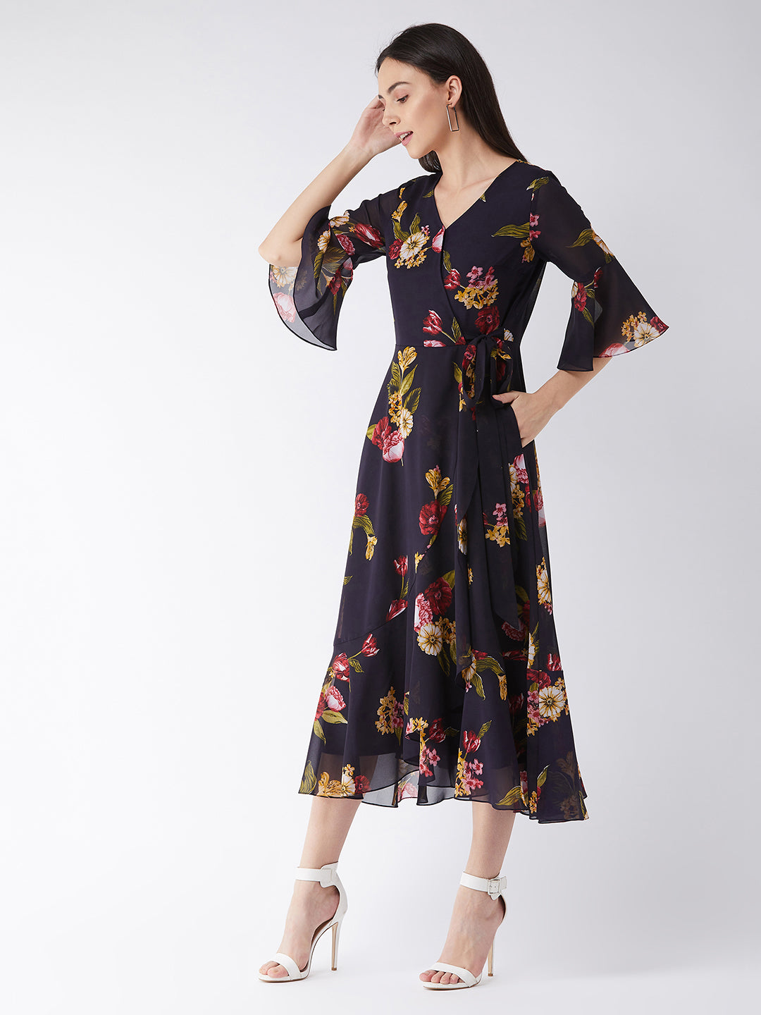 Women's Multicolored-Base-Navy Blue V Neck 3/4th Sleeve Floral Ruffled Maxi Dress