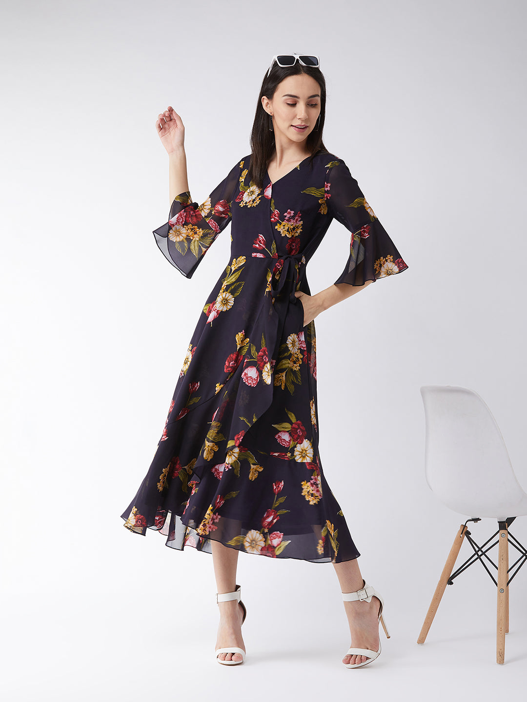 Women's Multicolored-Base-Navy Blue V Neck 3/4th Sleeve Floral Ruffled Maxi Dress