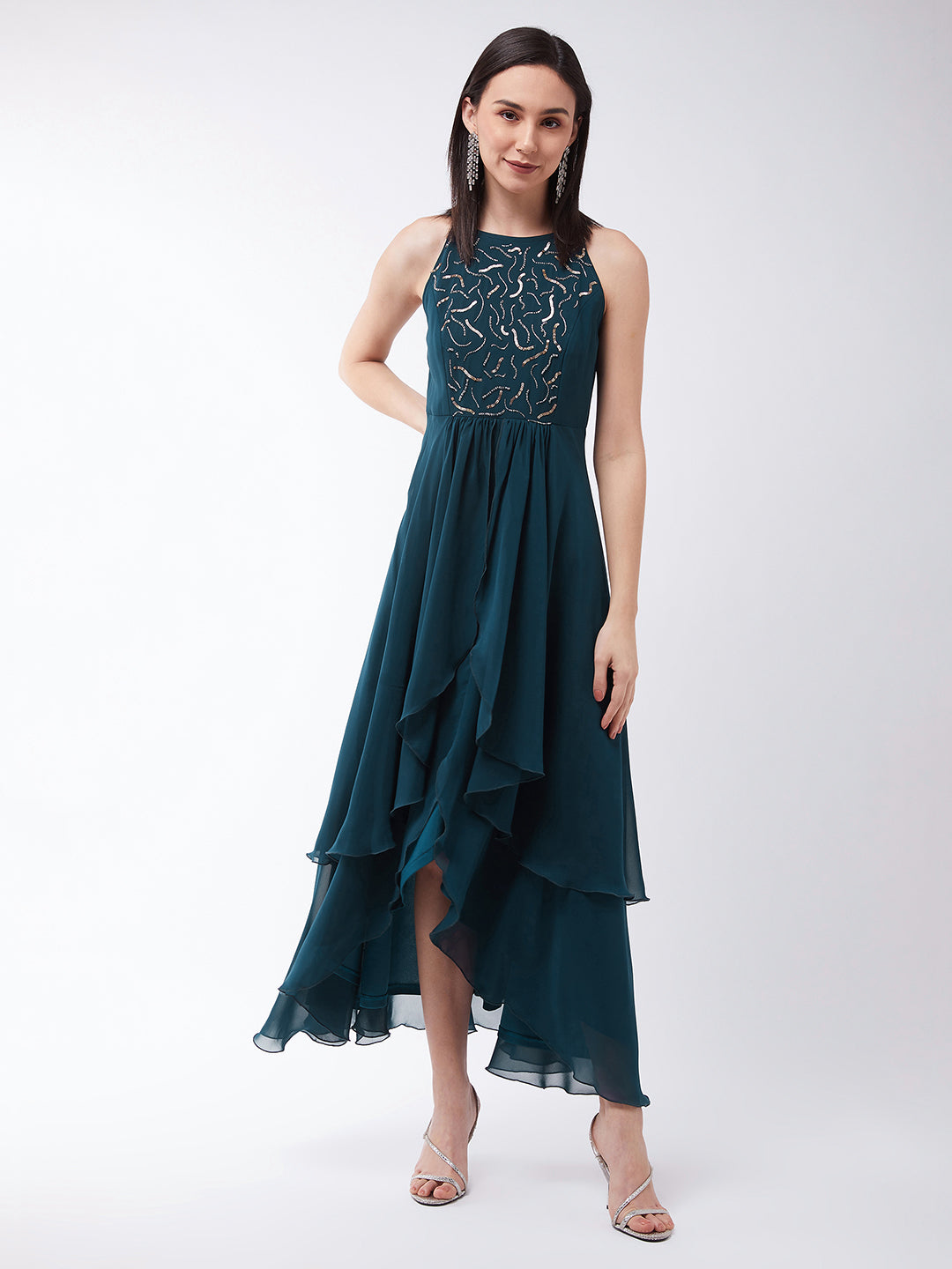 Women's Teal Round Neck Sleeveless Solid Embellished Maxi Dress