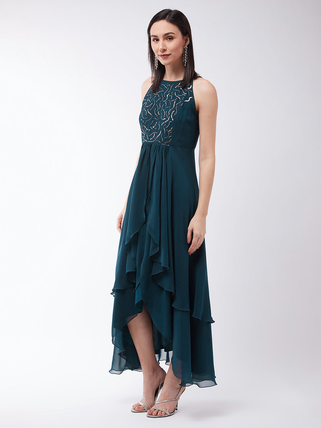 Women's Teal Round Neck Sleeveless Solid Embellished Maxi Dress