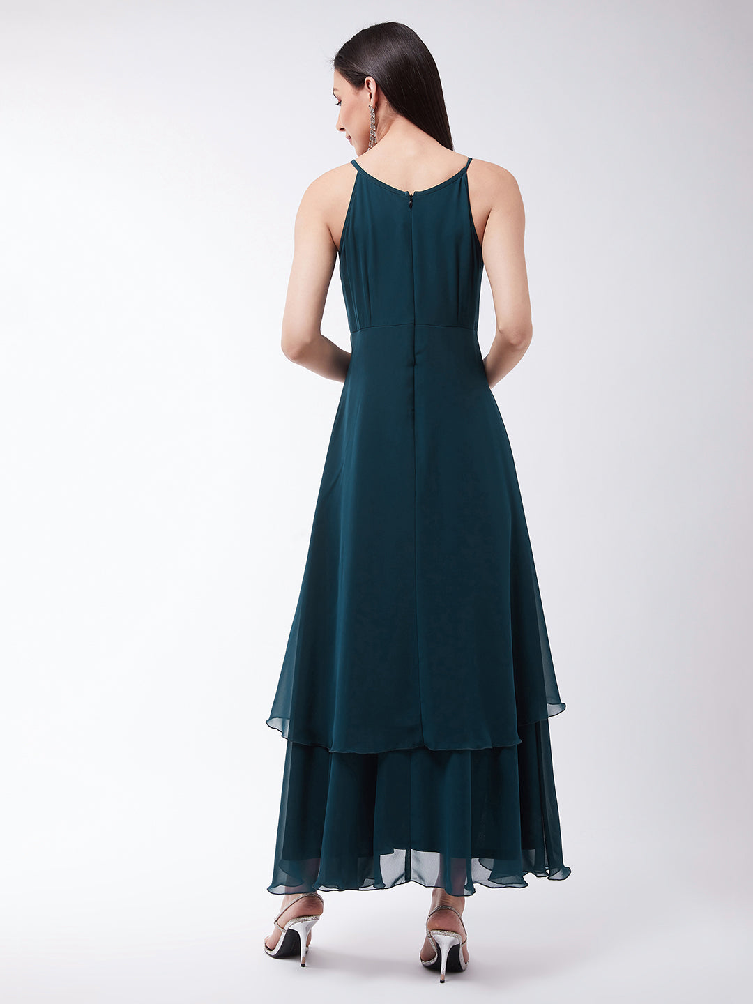 Women's Teal Round Neck Sleeveless Solid Embellished Maxi Dress