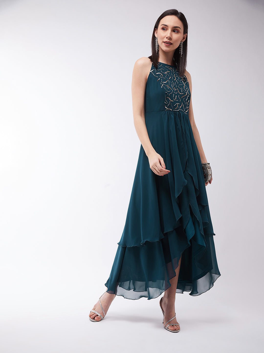 Women's Teal Round Neck Sleeveless Solid Embellished Maxi Dress