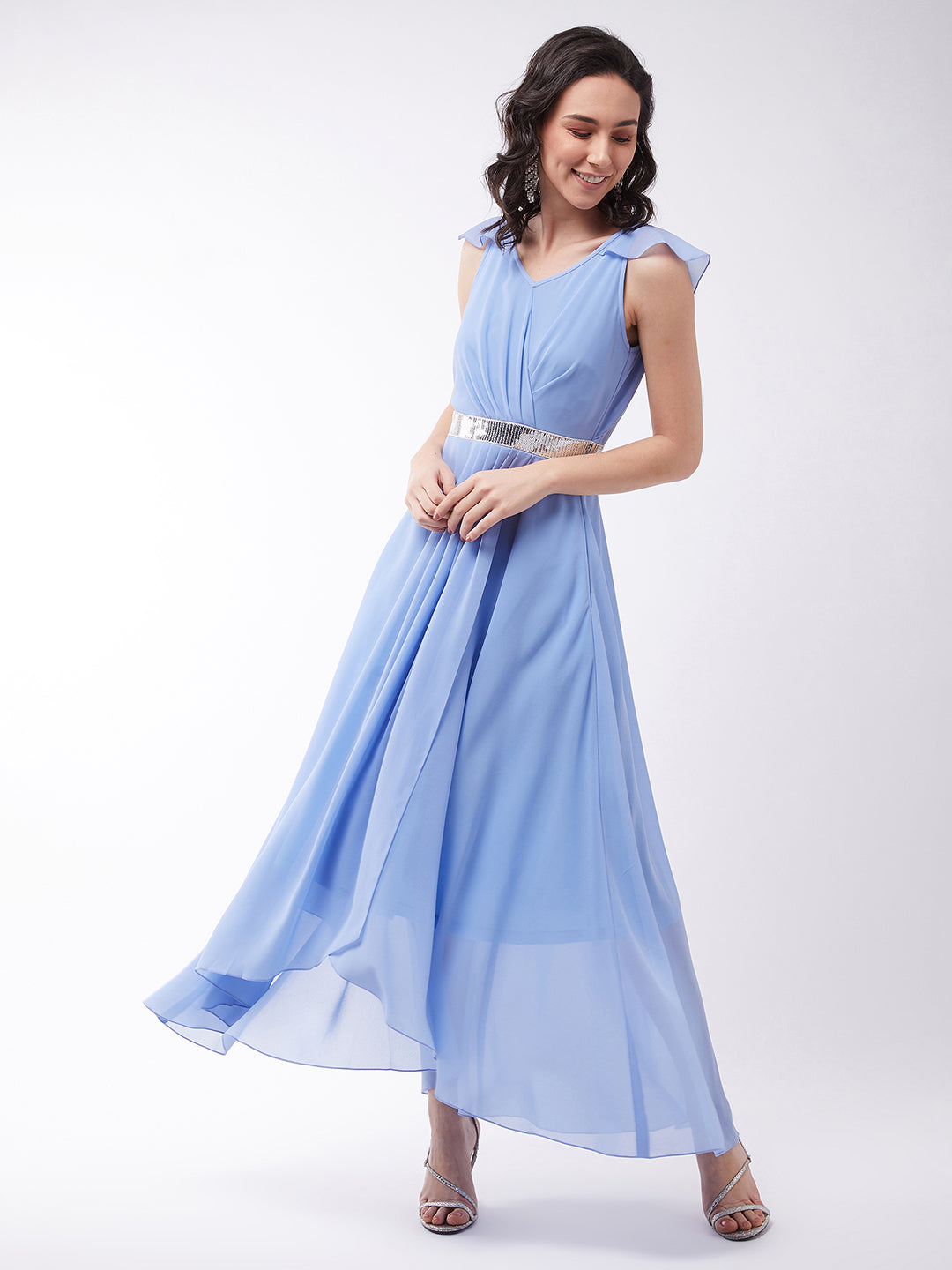 Women's Powder Blue V-Neck Ruffled Sleeve Solid Embellished Maxi Dress