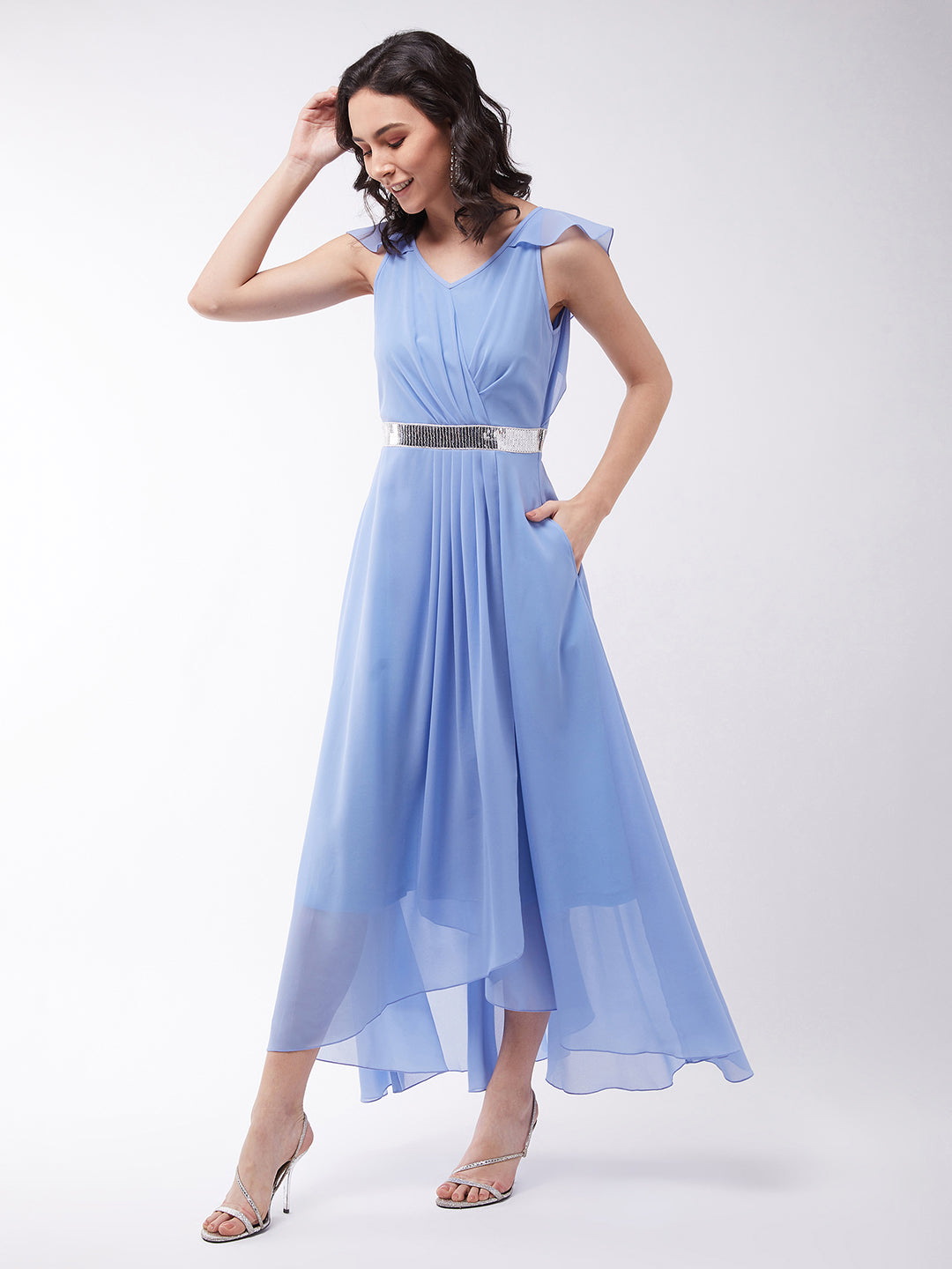 Women's Powder Blue V-Neck Ruffled Sleeve Solid Embellished Maxi Dress