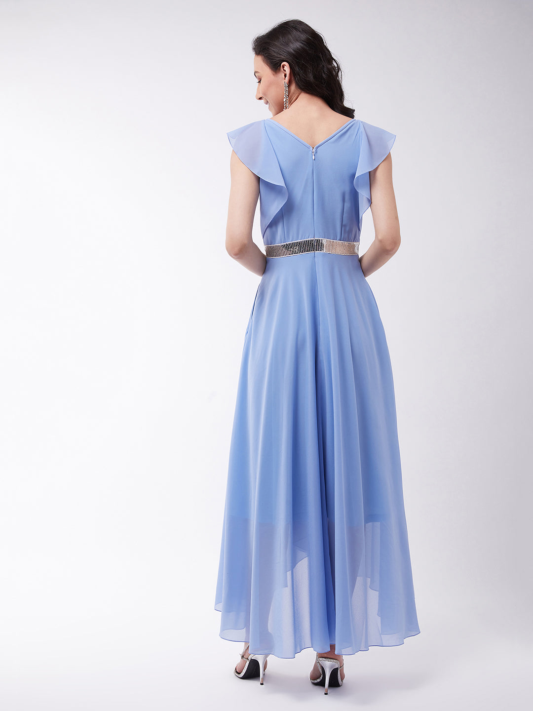 Women's Powder Blue V-Neck Ruffled Sleeve Solid Embellished Maxi Dress