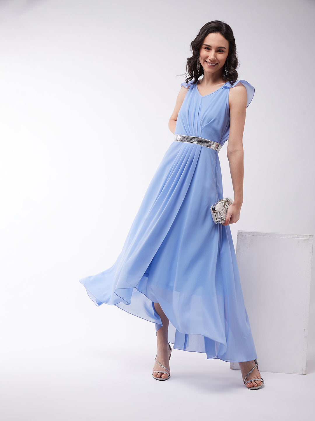 Women's Powder Blue V-Neck Ruffled Sleeve Solid Embellished Maxi Dress