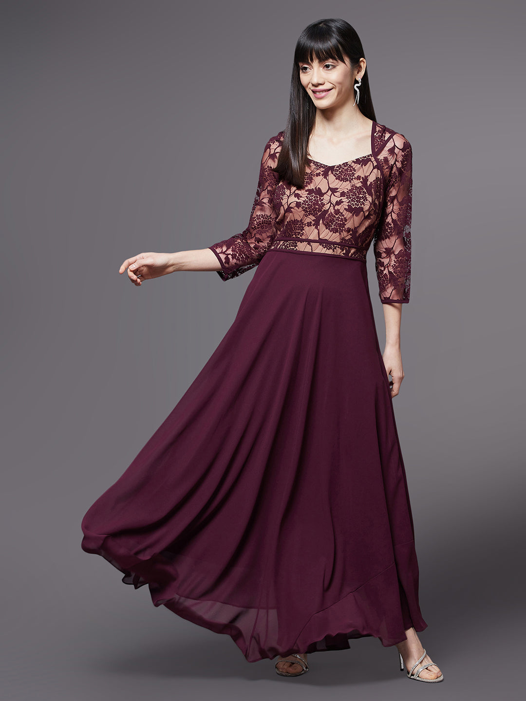 Women's Wine & Beige Lace Overlaid Fit & Flare Maxi Maxi Dress