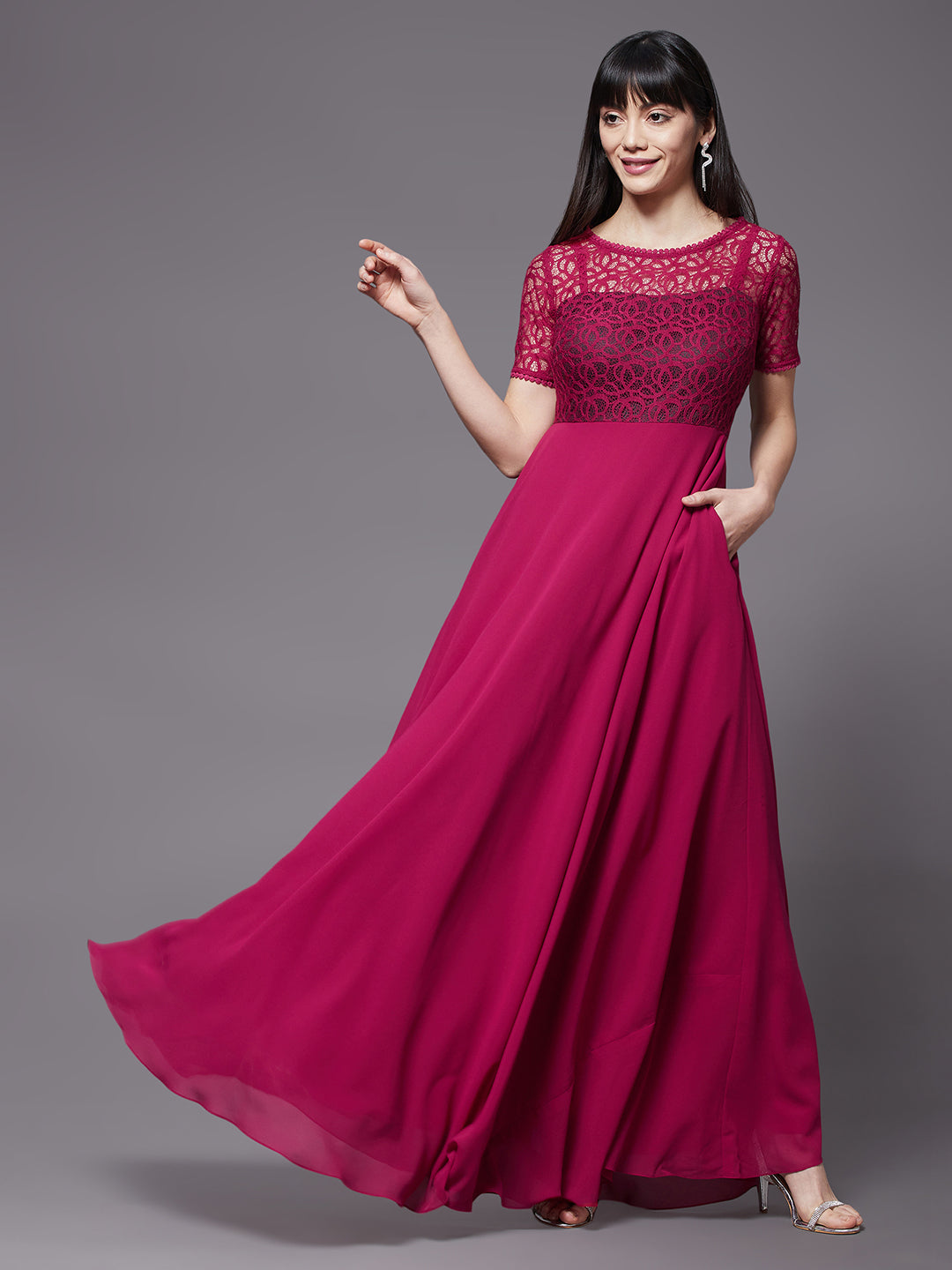 Women's Dark Pink Round neck Half Sleeve Solid Lace Overlaid Maxi Dress