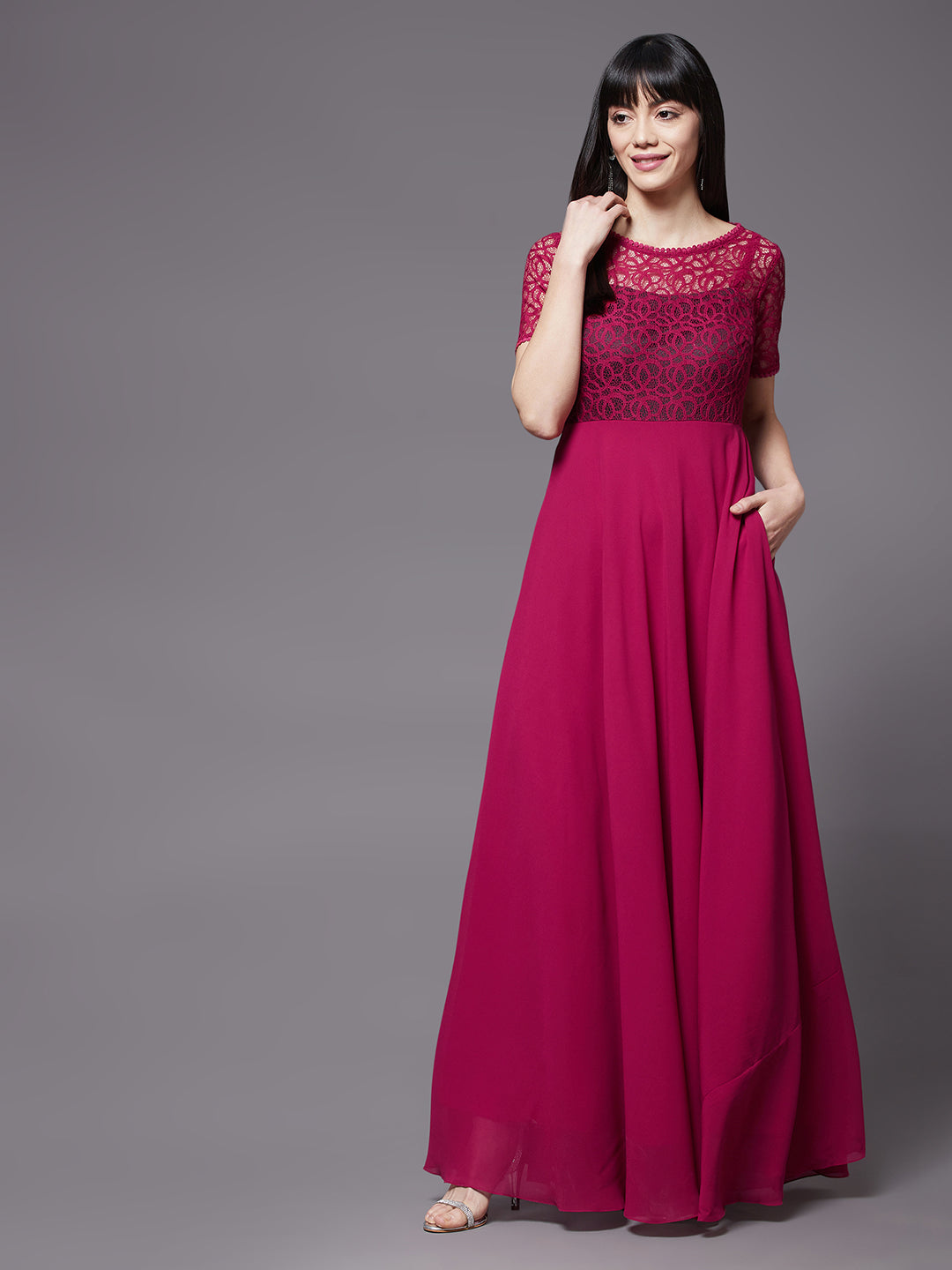 Women's Dark Pink Round neck Half Sleeve Solid Lace Overlaid Maxi Dress