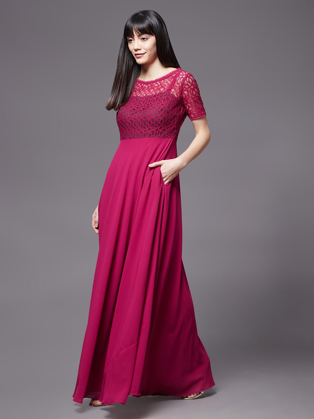 Women's Dark Pink Round neck Half Sleeve Solid Lace Overlaid Maxi Dress