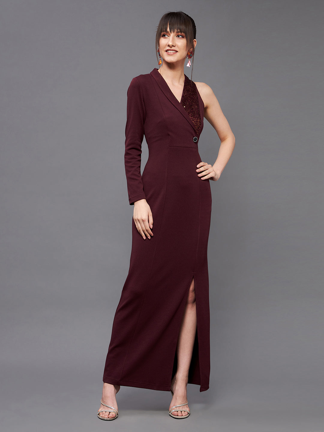 Crease Ease Women's Wine Asymmetric Sleeve Sequined Party Blazer Slit Maxi Dress