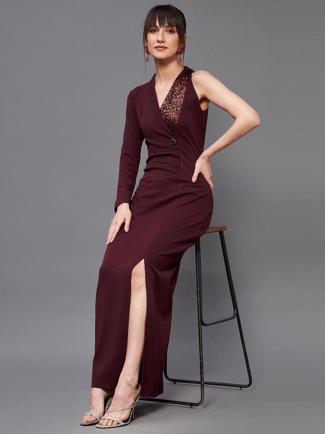 Crease Ease Women's Wine Asymmetric Sleeve Sequined Party Blazer Slit Maxi Dress