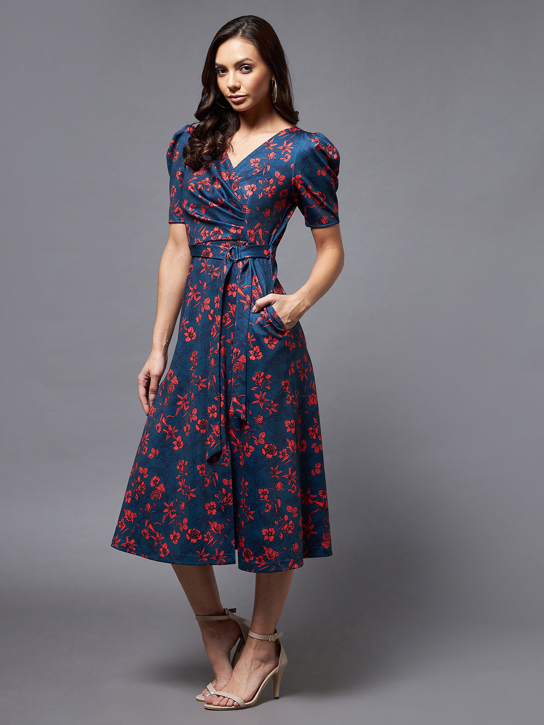 Women's Multicolored-Base-Teal V-neck Puff Sleeve Floral Wrap Midi Dress