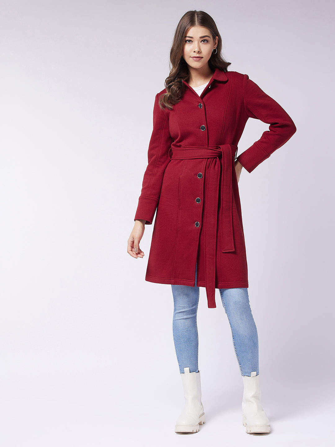 Women's Maroon Collared Full Sleeve Solid Tie-up Longline Jacket