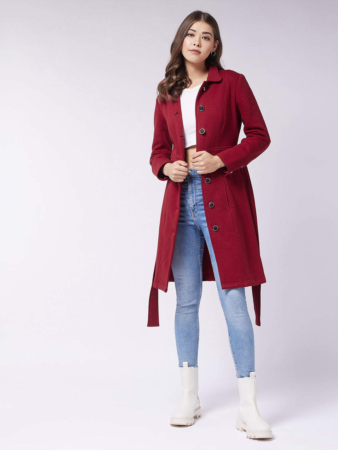 Women's Maroon Collared Full Sleeve Solid Tie-up Longline Jacket