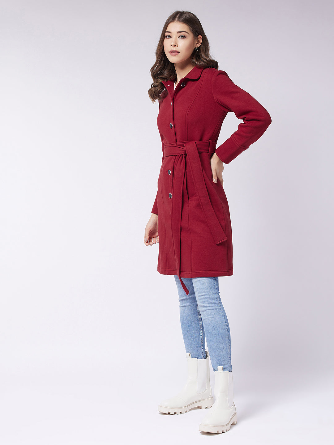 Women's Maroon Collared Full Sleeve Solid Tie-up Longline Jacket