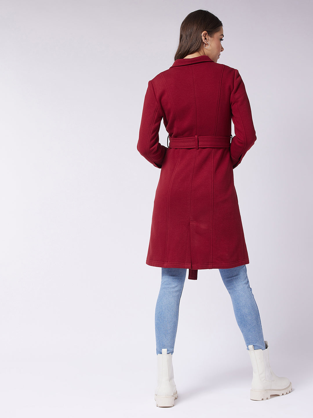 Women's Maroon Collared Full Sleeve Solid Tie-up Longline Jacket