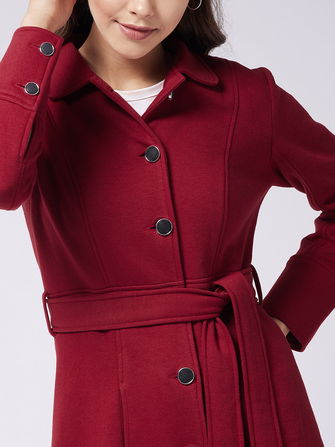 Women's Maroon Collared Full Sleeve Solid Tie-up Longline Jacket