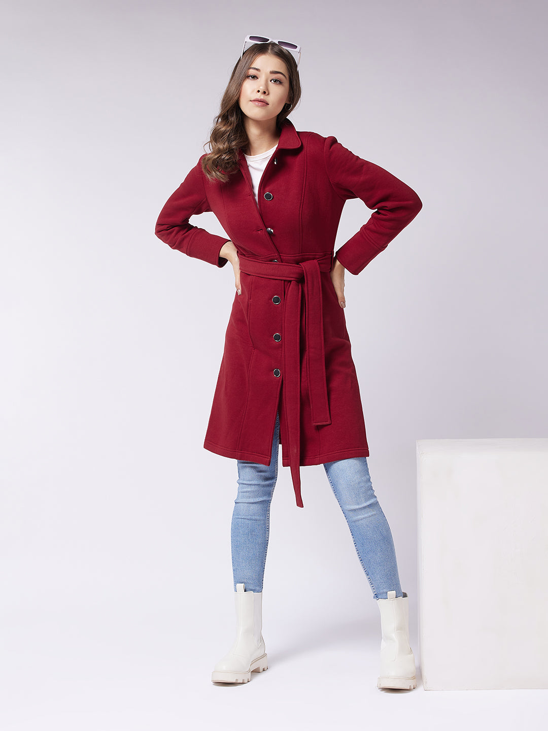 Women's Maroon Collared Full Sleeve Solid Tie-up Longline Jacket