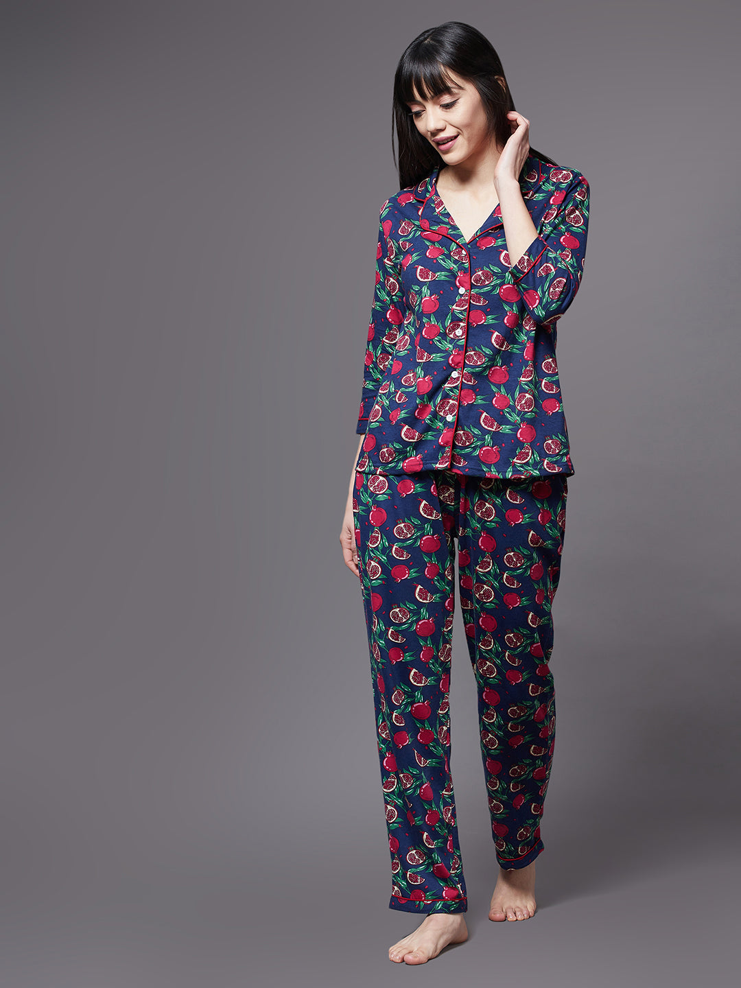 Women's Blue Round Neck 3/4 Sleeve Printed Regular Night Suit