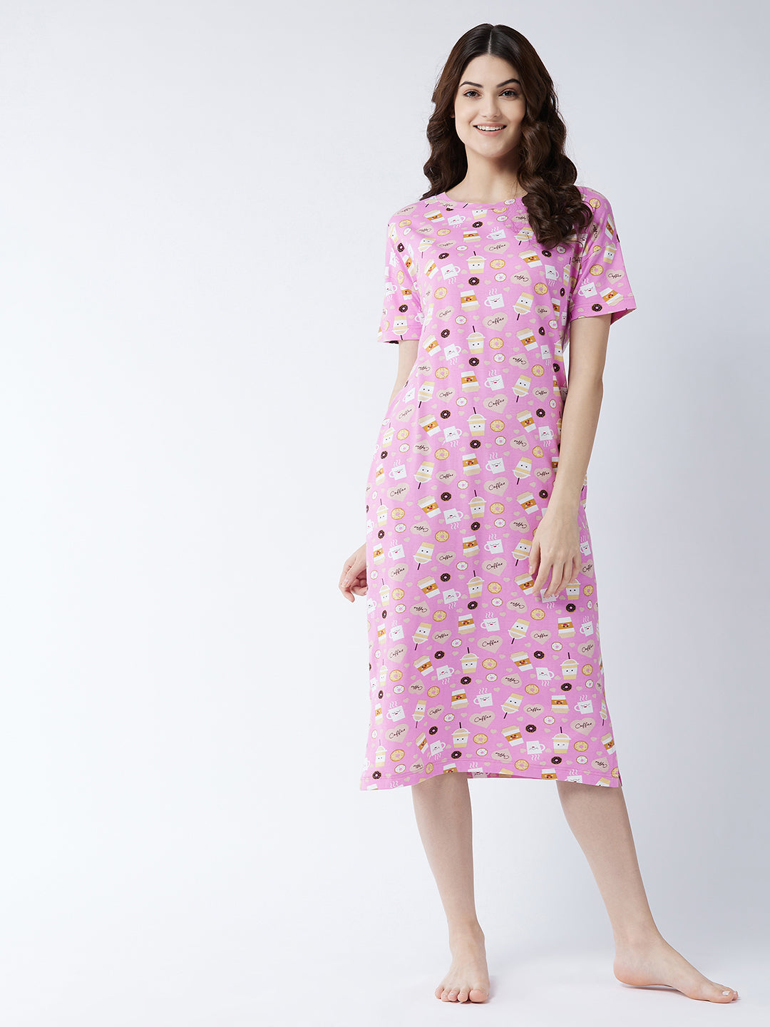 Women's Pink Round Neck Short Sleeves Printed Midi Dress