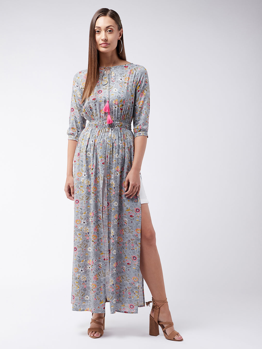 Women's Multicolored-Base-Grey Round neck 3/4th Sleeve Floral Elasticated Maxi Top