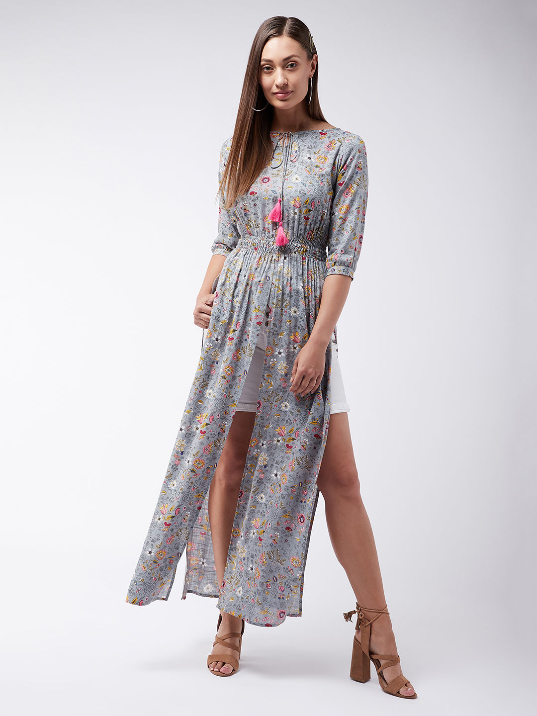 Women's Multicolored-Base-Grey Round neck 3/4th Sleeve Floral Elasticated Maxi Top