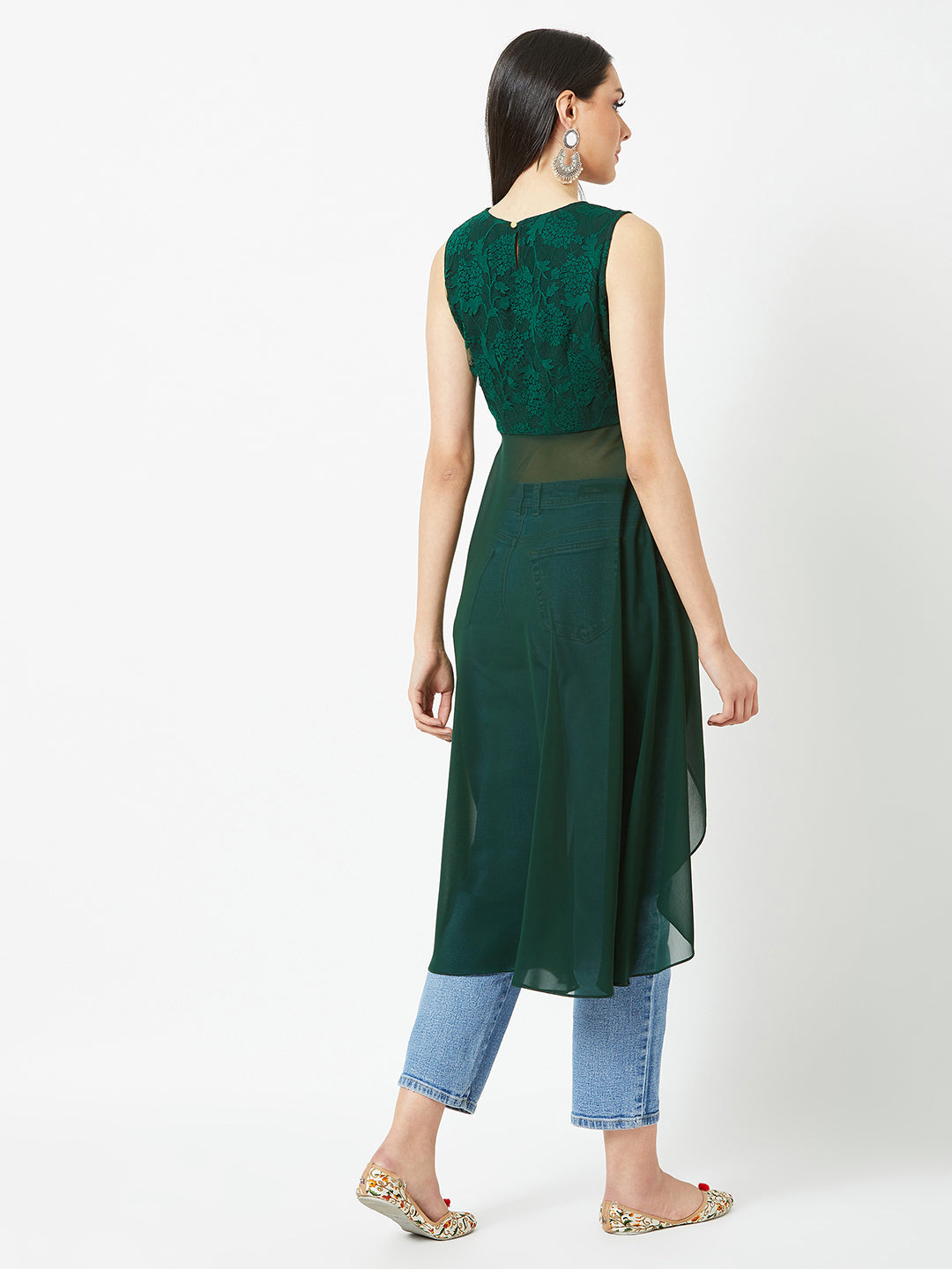 Women's Forest Green Round Neck Sleeveless Solid Lace Overlaid Maxi Top