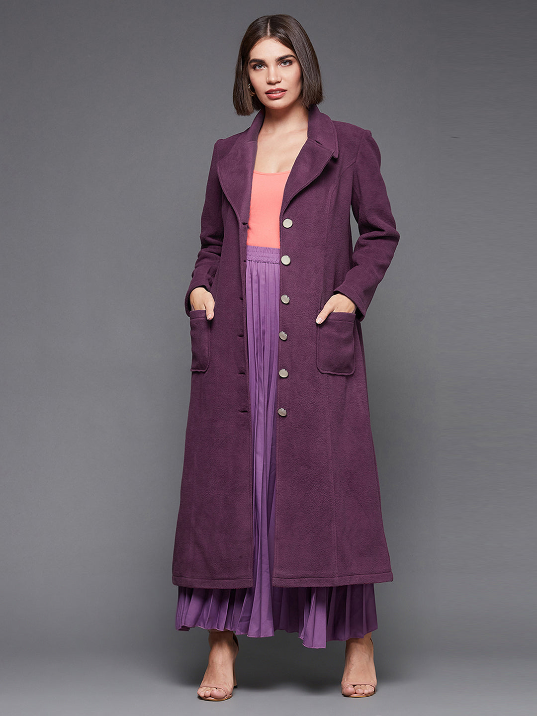 Women's Dark Mauve Solid V-Neck Full Sleeves Patched Pocket Polyester Button Down Longline Blazer Jacket