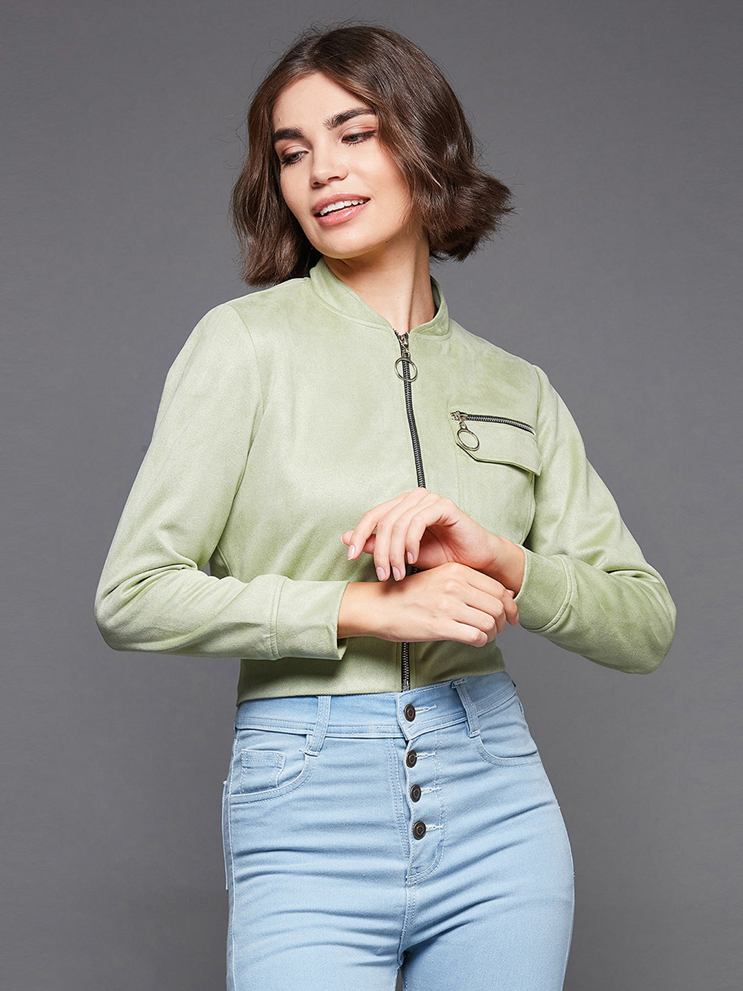 Women's Light Green Mandarin Collar Full-Sleeve Solid Crop Polyester Jacket