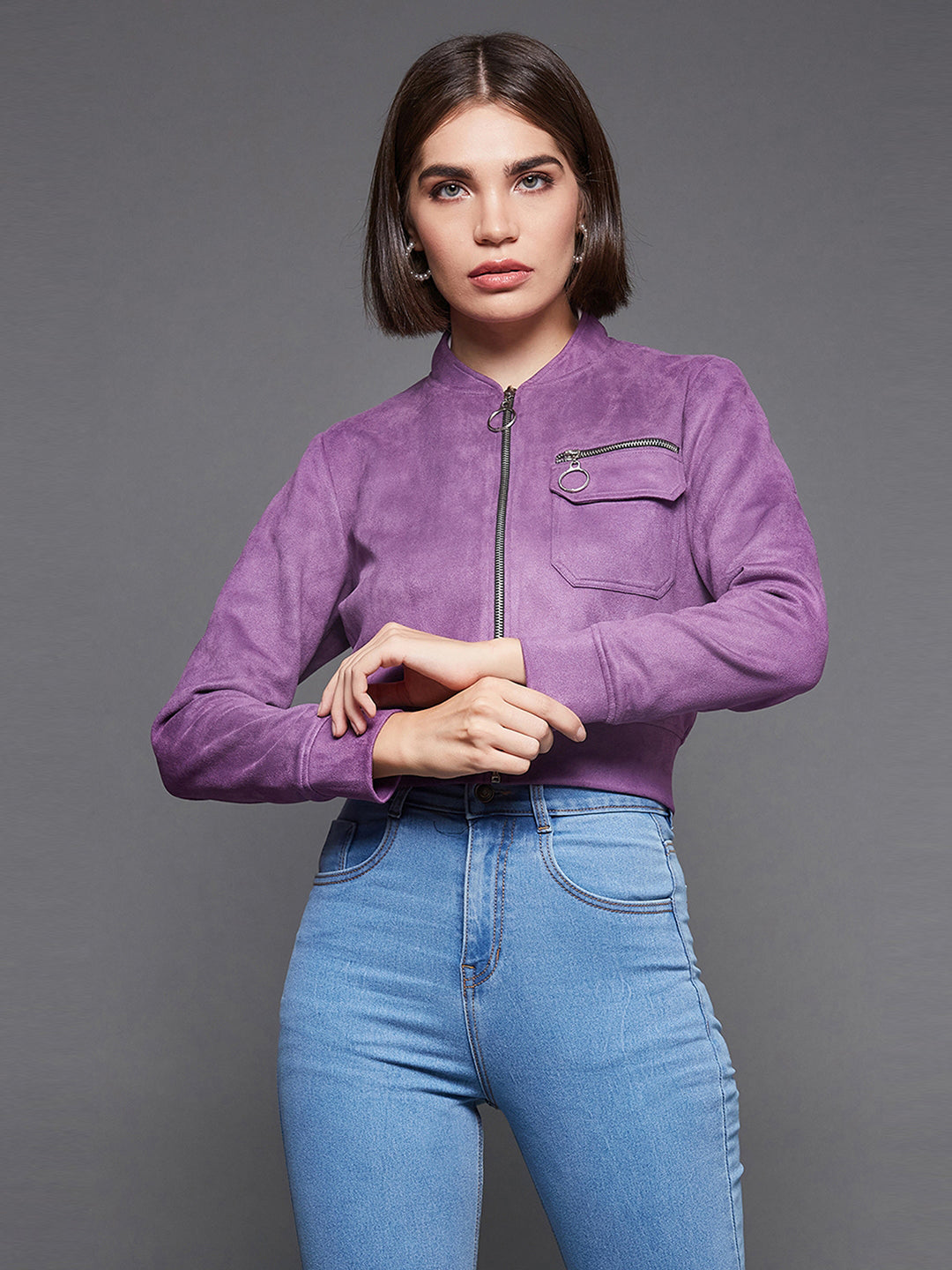 Women'S Dark Lavender Mandarin Collar Full-Sleeve Solid Crop Polyester Jacket