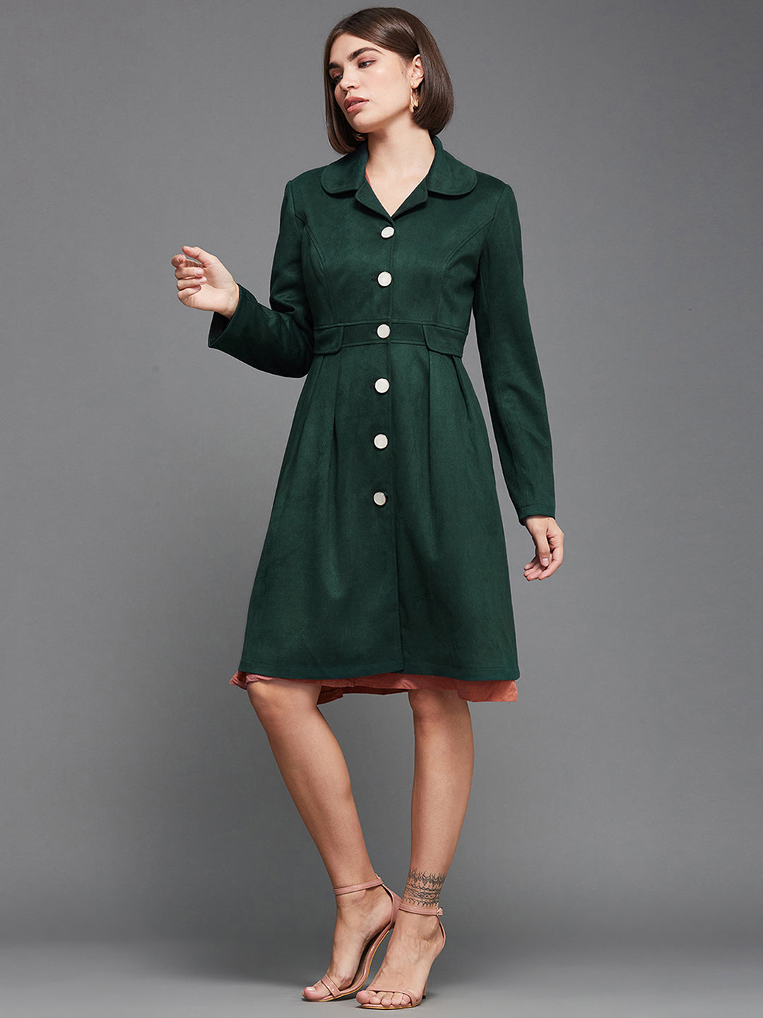 Women's Dark Green Notch Full-Sleeve Solid Longline Flared Knee-Long Polyester Jacket