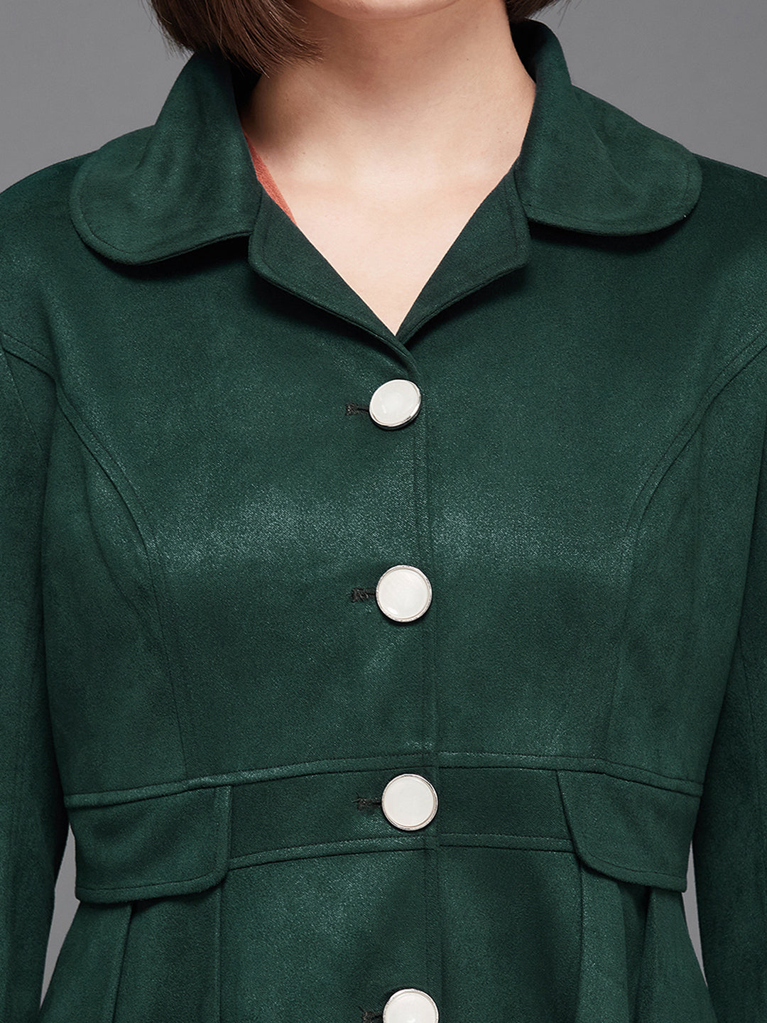 Women's Dark Green Notch Full-Sleeve Solid Longline Flared Knee-Long Polyester Jacket