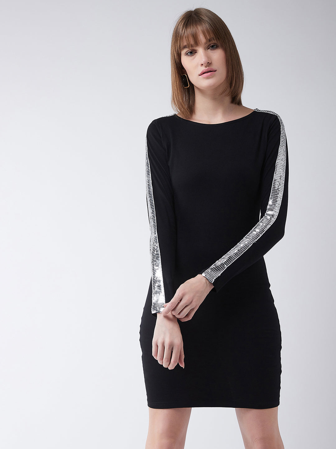 Women's Black Round Neck Full Sleeves Bodycon Dress