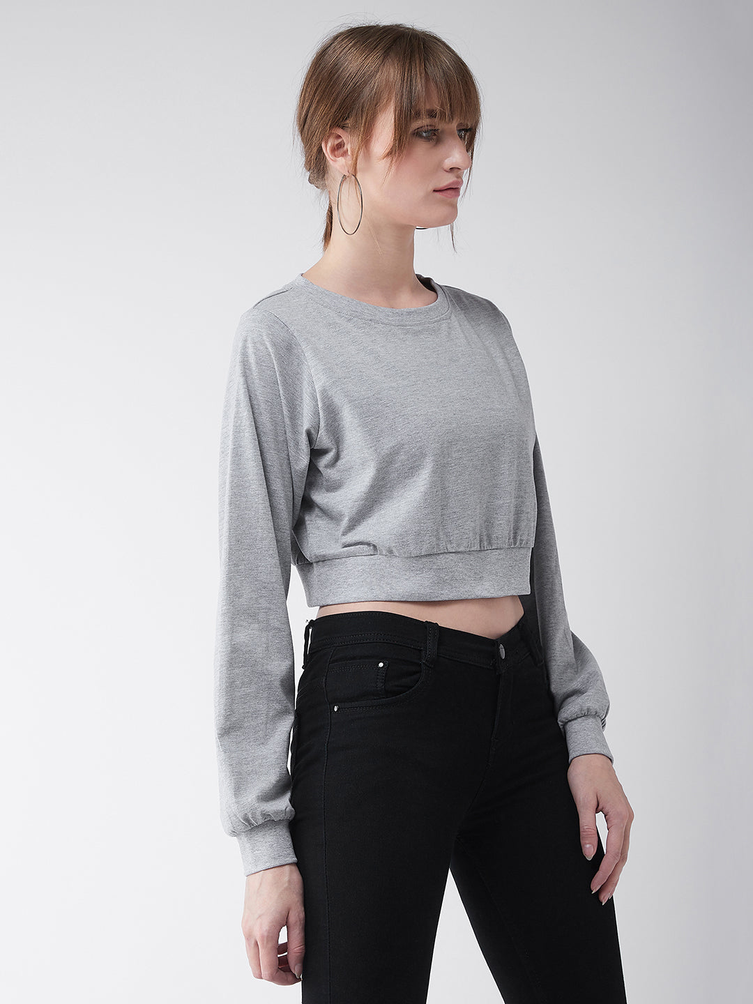 Women's Grey Round Neck Full Sleeves Solid Crop Top