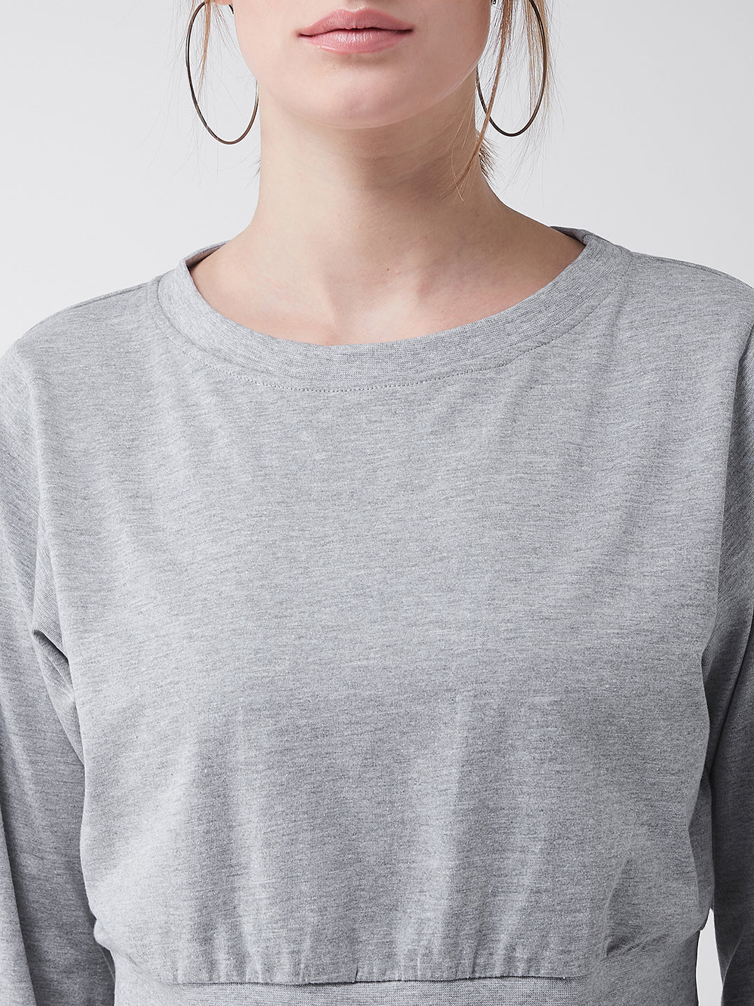 Women's Grey Round Neck Full Sleeves Solid Crop Top