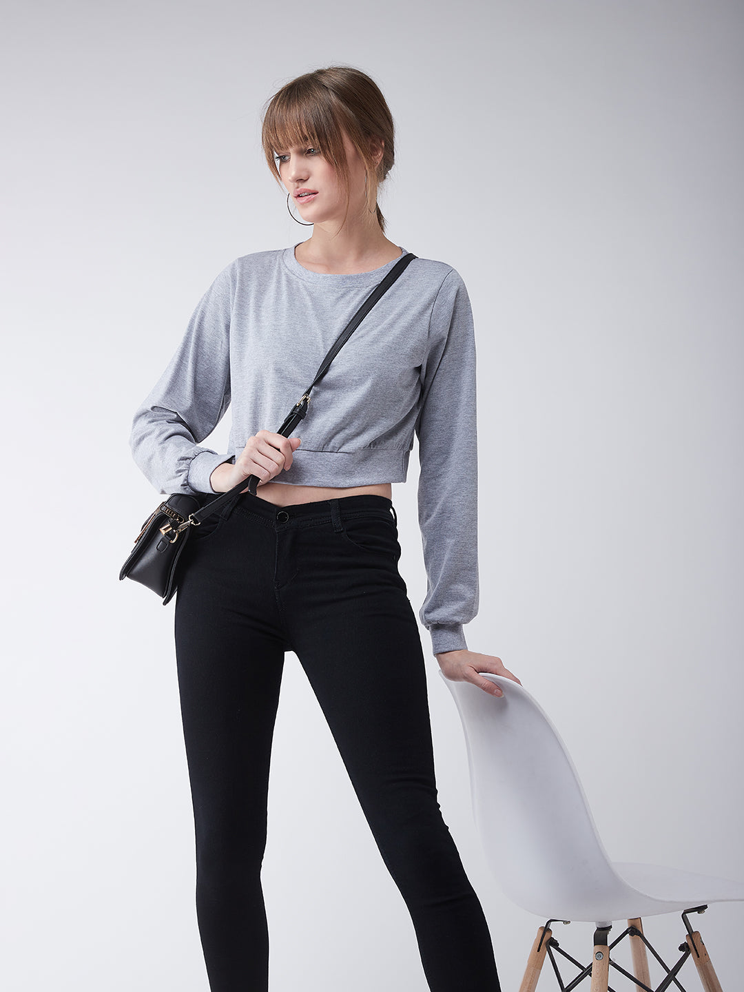 Women's Grey Round Neck Full Sleeves Solid Crop Top