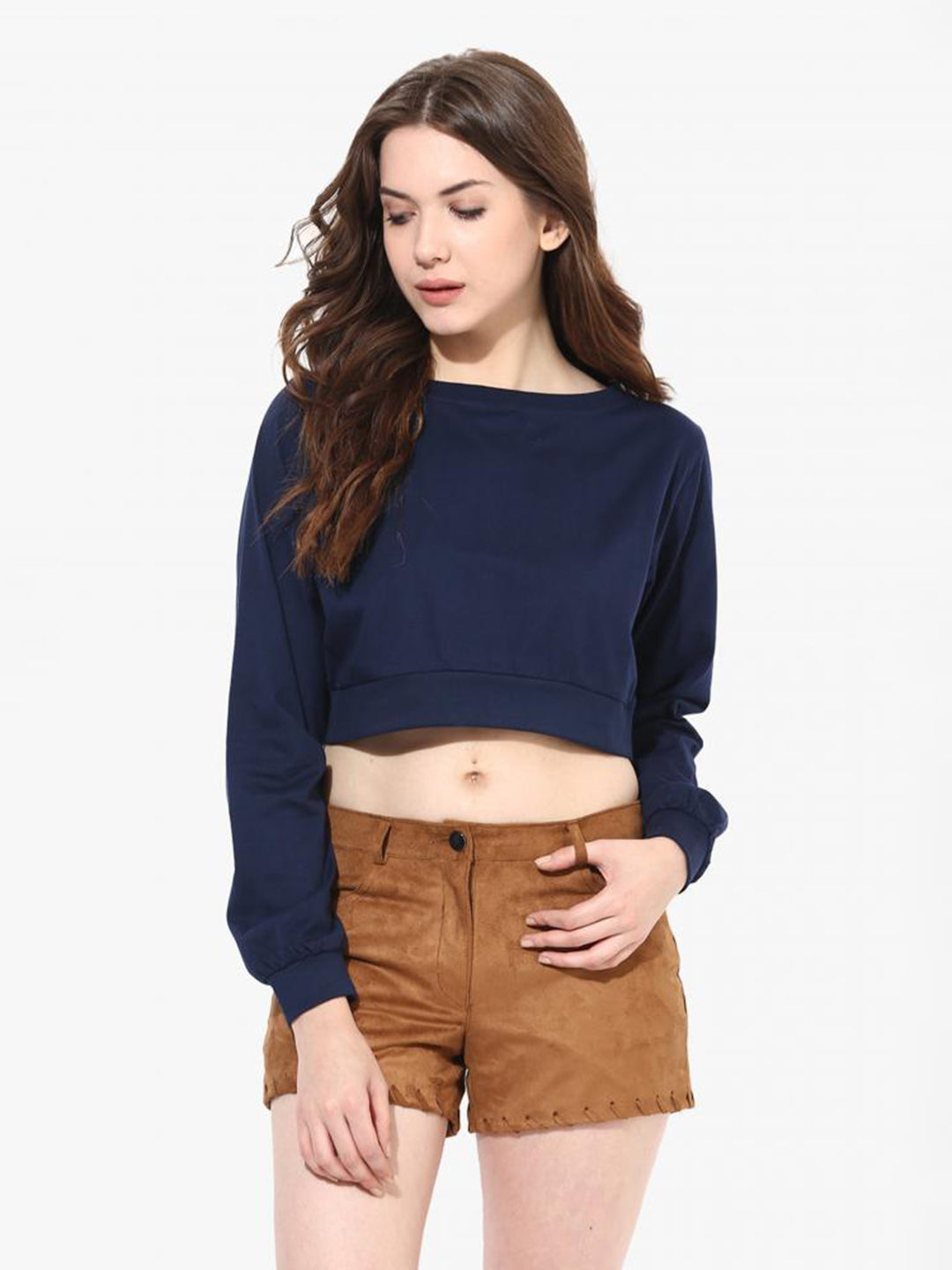 Women's Navy Blue Round Neck Full Sleeves Solid Crop Top